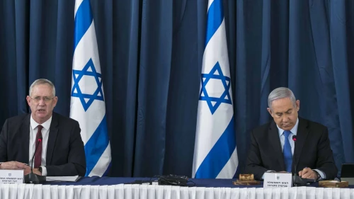 Israeli Prime Minister Benjamin Netanyahu and then-Alternate Prime Minister and Defense Minister Benny Gantz at the weekly cabinet meeting, at the Ministry of Foreign Affairs in Jerusalem on June 28, 2020. Photo by Olivier Fitoussi/Flash90.