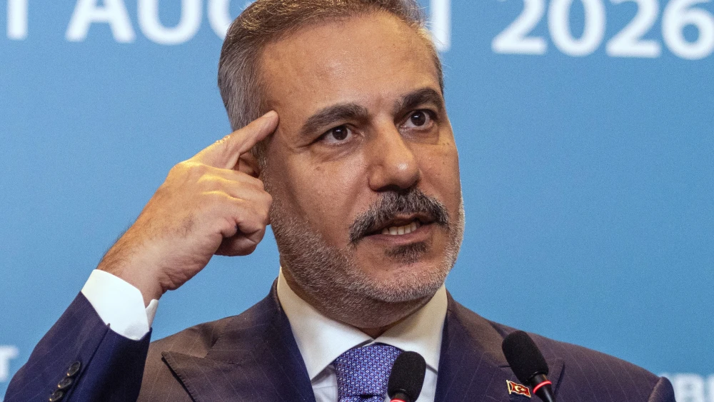 Turkish Foreign Minister Hakan Fidan attends a press conference following the first meeting of the Strategic Political and Defence Committee regarding the Makkah Joint Defence Agreement in Istanbul on Aug. 31, 2026. Photo by Burak Kara/Getty Images.