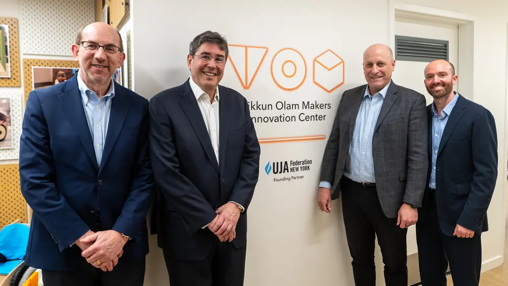 From left: Mark Medin, executive vice president of UJA-Federation of New York; Eric S. Goldstein, CEO of UJA-Federation of New York; Gidi Grinstein, founder and president of TOM (Tikkun Olam Makers); and Edun Sela, CEO, Reut USA. Photo by Ben Kelmer.