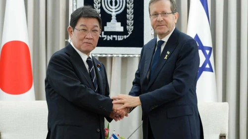 Israeli President Isaac Herzog meets with Japanese Foreign Minister Motegi Toshimitsu in Jerusalem on Jan. 12, 2026. Photo by Maayan Toaf/GPO.