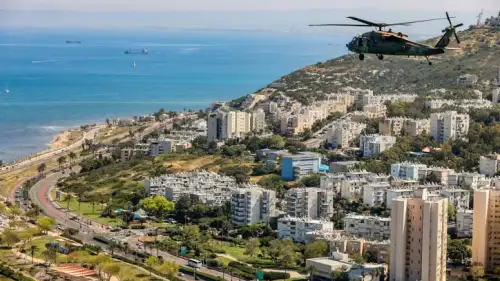 An Israeli Air Force helicopter flies over Haifa during Israel's 75th Independence Day, April 26, 2023. Credit: Flash90.
