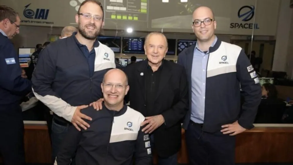 From left: SpaceIL’s Kfir Damari, Yariv Bash, Morris Kahn and Yonatan Winetraub. Photo courtesy of Kfir Damari