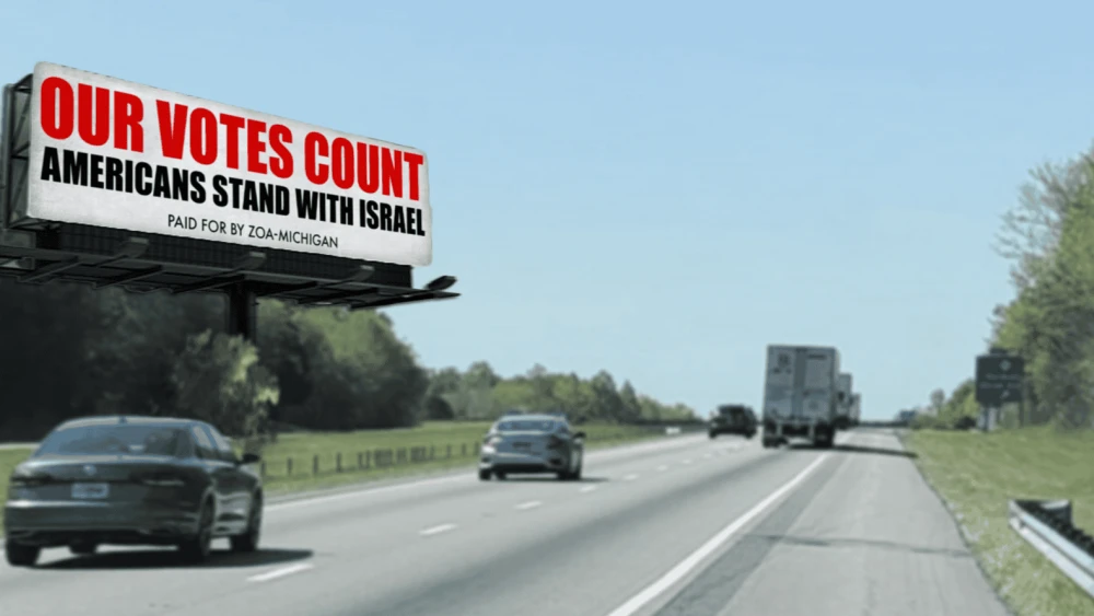 A billboard sponsored by the Zionist Organization of America on Michigan’s I-275 highway from April 8-29, 2024. Credit: ZOA.