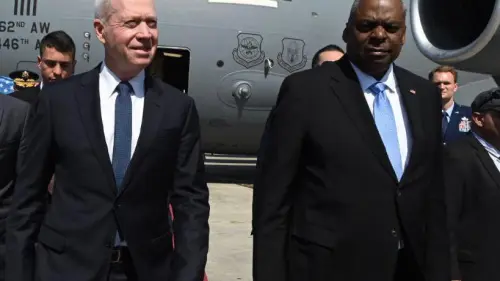 Israel Defense Minister Yoav Gallant welcomes U.S. Defense Secretary Lloyd Austin at Ben-Gurion International Airport on March 9, 2023. Photo by Ariel Hermoni/Israel Defense Ministry.