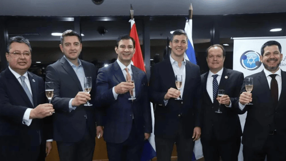 From left: Sen. Gustavo Leite, chairman of the Paraguayan Israel Allies Caucus; Vice President-elect Pedro Alliana; President of the Senate Silvio Ovelar; President-elect Santiago Peña; and Leopoldo Martinez, IAF Latin America director. Credit: Courtesy.