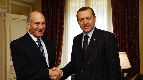 Israeli Prime Minister Ehud Olmert meets with Turkish Prime Minister Recep Tayyip Erdoğan at the Elysee Palace in Paris during a summit aimed at breathing new life into the existing Euro-Mediterranean region on July 13, 2008. Turkey-Israel relations have been strained since the 2010 Gaza flotilla incident, for which Israeli Prime Minister Benjamin Netanyahu apologized to Erdogan in a telephone call last Friday. Credit: Avi Ohayon/GPO/Flash90.