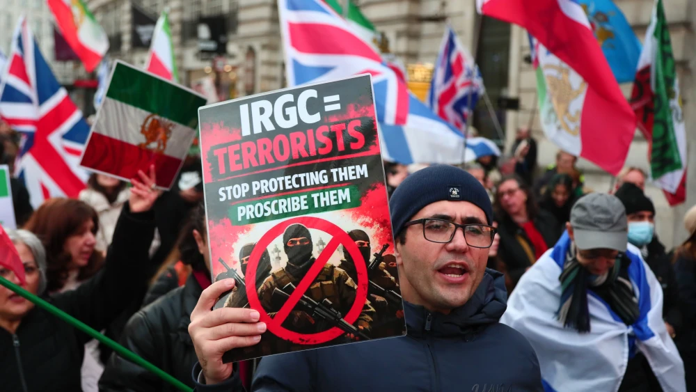 Demonstrators march in London from the BBC Broadcasting House to Downing Street during a “National March for a Free Iran” on Jan. 18, 2026. Photo by Alishia Abodunde/Getty Images.
