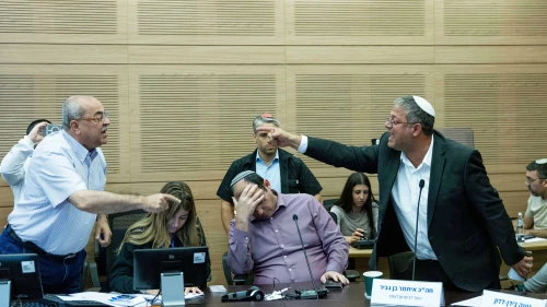 MK Ahmad Tibi argues with National Security Minister Itamar Ben-Gvir during a Knesset House Committee meeting in Jerusalem, Oct. 15, 2024. Photo by Chaim Goldberg/Flash90.