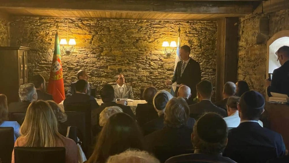Israeli Ambassador to Portugal Dor Shapira speaks during a ceremony that honors the legacy of Israel's former prime minister and president Shimon Peres in Portugal, Sept. 10, 2023. Photo by Dor Shapira.