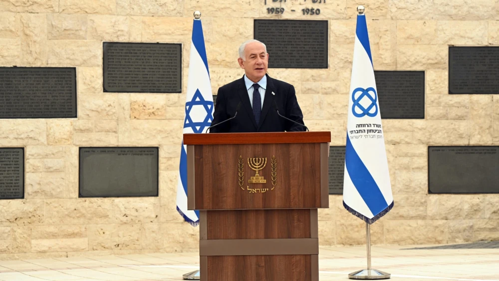 Israeli Prime Minister Benjamin Netanyahu speaks at Mount Herzl in Jerusalem on April 19, 2023. Photo by Haim Zach/GPO.