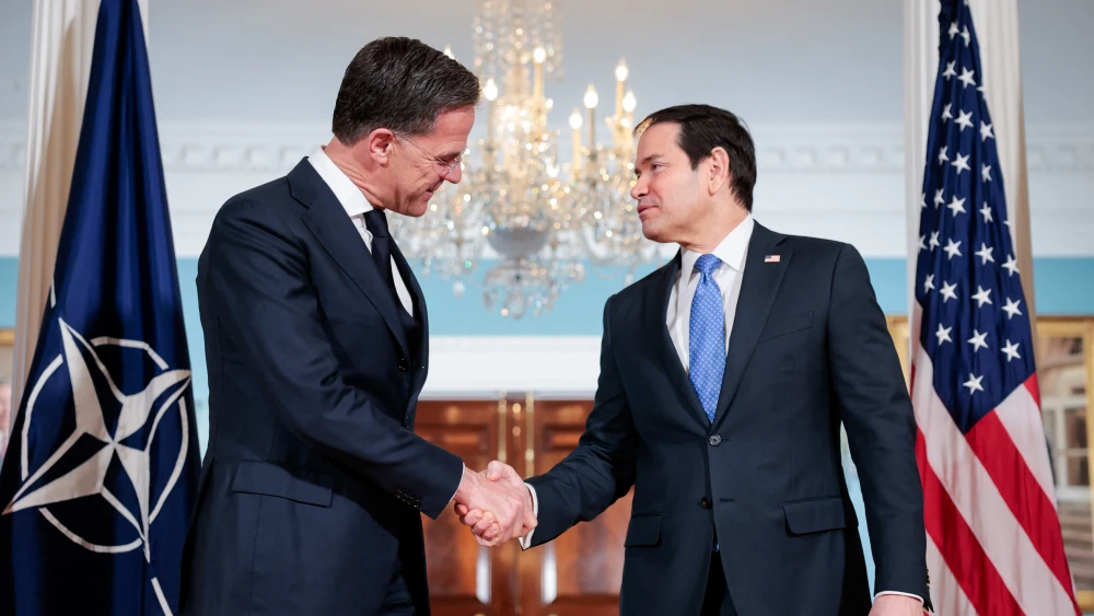 U.S. Secretary of State Marco Rubio shakes hands with with NATO Secretary-General Mark Rutte at the State Department in Washington, D.C., April 8, 2026.Photo by Kent Nishimura / AFP via Getty Images.