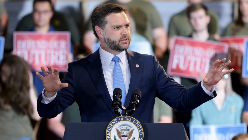 U.S. Vice President JD Vance delivers remarks at CompoTech, a defense technology and advanced manufacturing company, in Brewer, Maine, on Aug. 24, 2026. Photo by Anna Moneymaker/POOL/AFP via Getty Images.