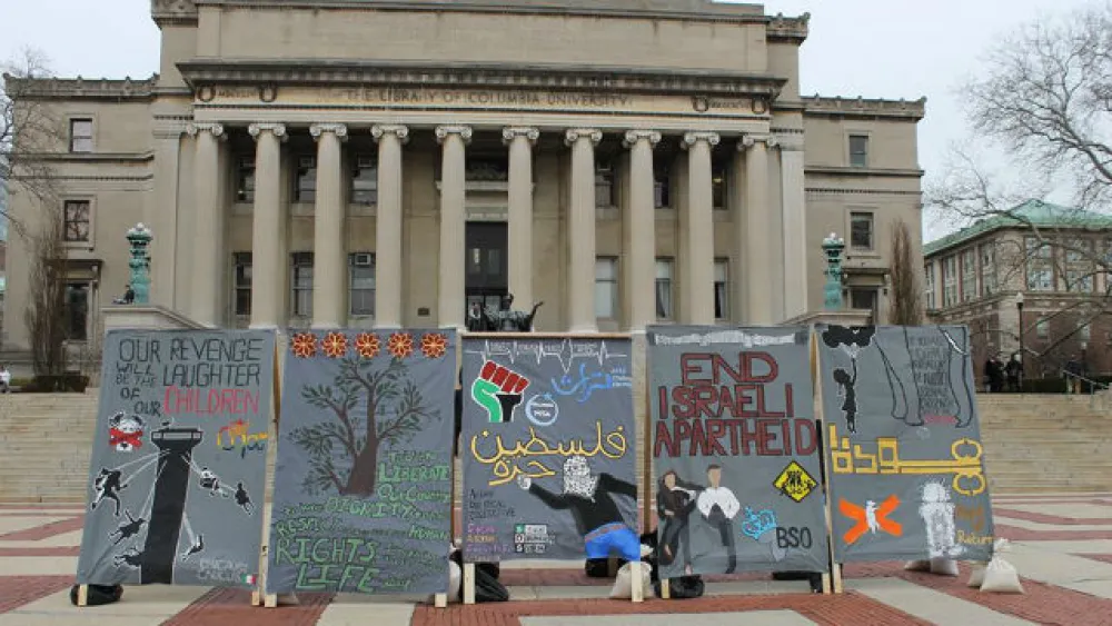 An anti-Israel "apartheid wall" on display at Columbia University during "Israeli Apartheid Week" in 2017. Source: Facebook.