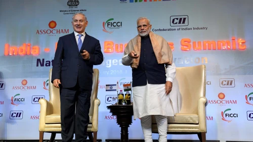 Israeli Prime Minister Benjamin Netanyahu and Indian Prime minister Narendra Modi at an Israeli-Indian Economic Conference in New Delhi, India on Jan. 15, 2018. Credit: Avi Ohayon/GPO.