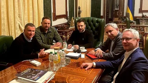 Knesset members Yuli Edelstein (left) and Ze'ev Elkin (second from right) meet with Ukraine President Volodymr Zelenskyy (center) in Kyiv, Feb. 20, 2023. Source: Twitter.