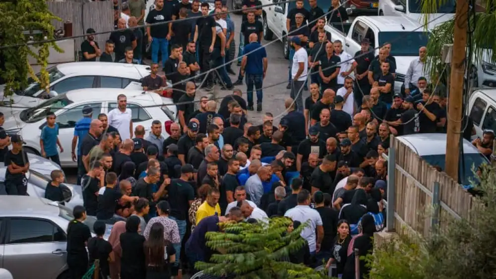 Mourners attend the funeral of five family members who were shot to death in the Bedouin town of Basmat Tab’un, southeast of Haifa, Sept. 29, 2023. Photo by Flash90.