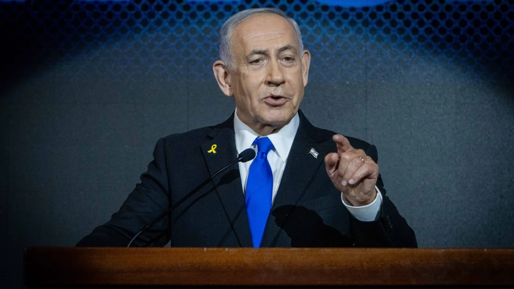 Prime Minister Benjamin Netanyahu speaks at Newsmax event in Jerusalem, on Aug. 13, 2025. Photo by Shalev Shalom/POOL.