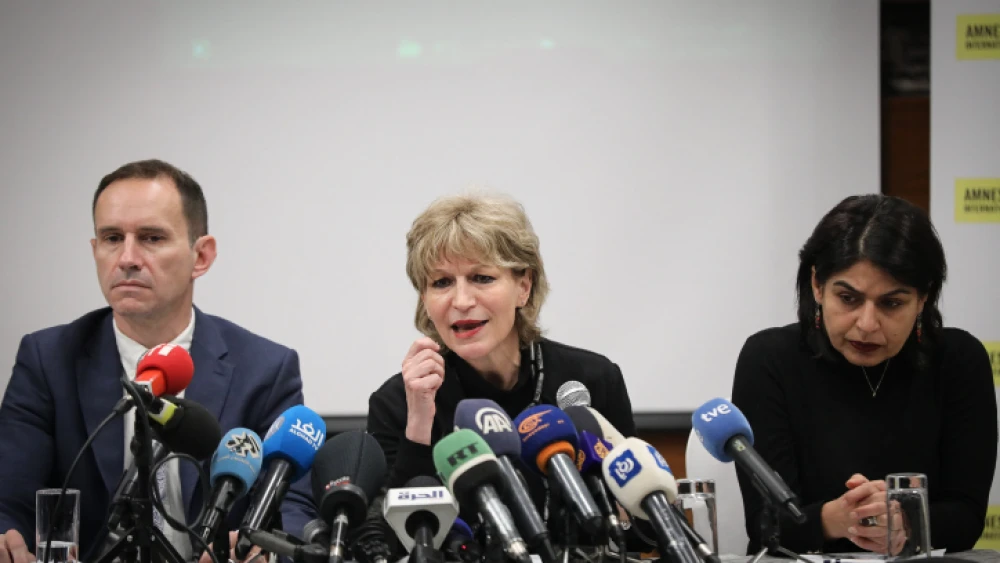 Amnesty International Secretary-General Agnès Callamard at a press conference in eastern Jerusalem, Feb. 1, 2022. Photo by Flash90.