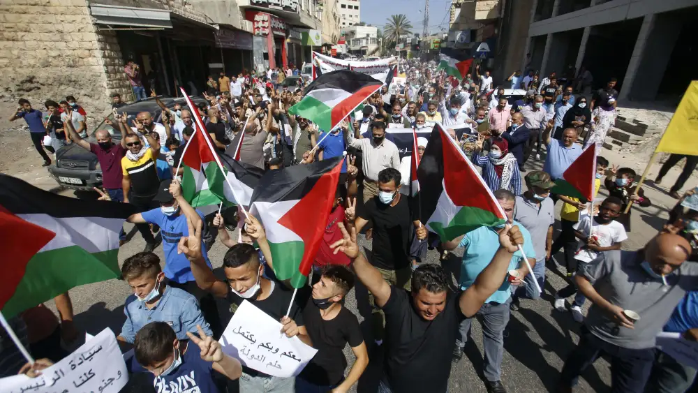 Palestinians rally in support of Palestinian Authority leader Mahmoud Abbas in Tubas, northeastern Samaria, Sept. 27, 2020. Photo by Nasser Ishtayeh/Flash90.