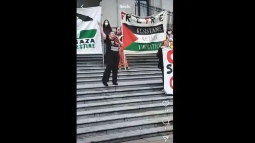 Samidoun international coordinator Charlotte Kates praising terrorist groups on the steps of the Vancouver Art Gallery on April 26, 2024. Credit: Freepalestinetricitiesbc/Instagram.