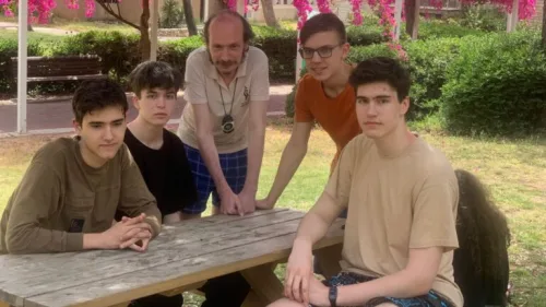 Ukrainian students with math coach Aleksandr Tolesnikov, center. Photo courtesy of Bar-Ilan University Spokesman's Office.