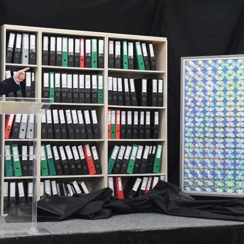 Israeli Prime Minister Benjamin Netanyahu exposes files smuggled out of Iran which Israel claims detail the Islamic Republic's illicit military nuclear program, April 30, 2018. Credit: Amos Ben-Gershom/GPO.