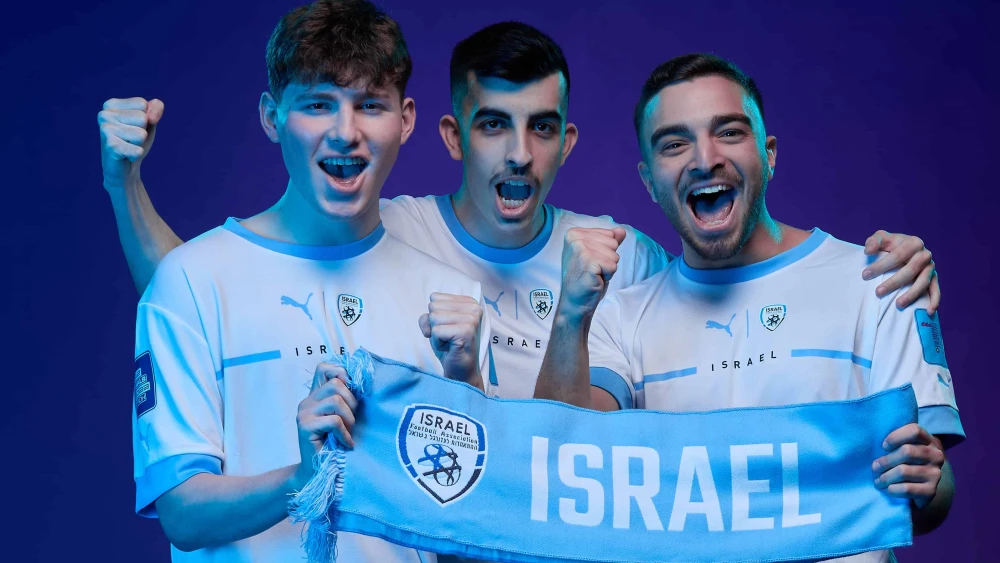 RIYADH, SAUDI ARABIA - JULY 08: Yuval Blizovsky (Yuval), Naseem Eissat (NEissaT14) and Roee Feldman (Feldman) of Israel pose for a portrait during the official FIFAe Nations Cup 2023 portrait session on July 08, 2023 in Riyadh, Saudi Arabia. (Photo by Gonzalo Arroyo - FIFA/FIFA via Getty Images)
