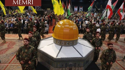Hezbollah members with a model of the Dome of the Rock at a Quds Day (“Jerusalem Day”) rally in Beirut on April 29, 2022. Source: Alahednews.com.lb via MEMRI.