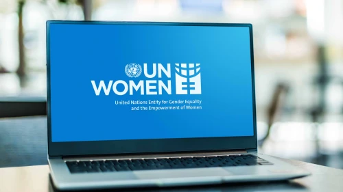 Laptop displaying the logo of UN Women, a United Nations entity working for the empowerment of women. Credit: Monticello/Shutterstock.