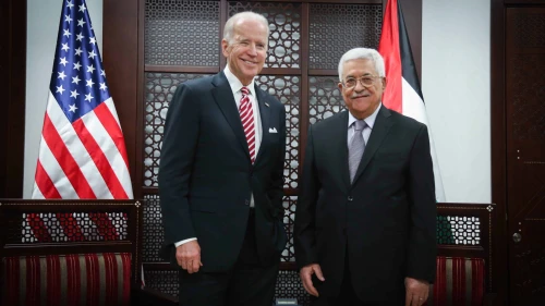 Then-U.S. Vice President Joe Biden with Palestinian Authority leader Mahmoud Abbas in Ramallah, March 9, 2016. Credit: Flash90.