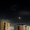 Air-defense systems fire interceptors at drones and missiles launched from Iran. Tel Aviv, April 14, 2024. Photo by Tomer Neuberg/Flash90.