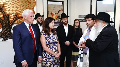 U.S. Vice President Mike Pence and his wife, Karen, meet with Rabbi Yisroel Goldstein at Chabad of Poway on July 11, 2019. Source: Vice President Mike Pence/Twitter.