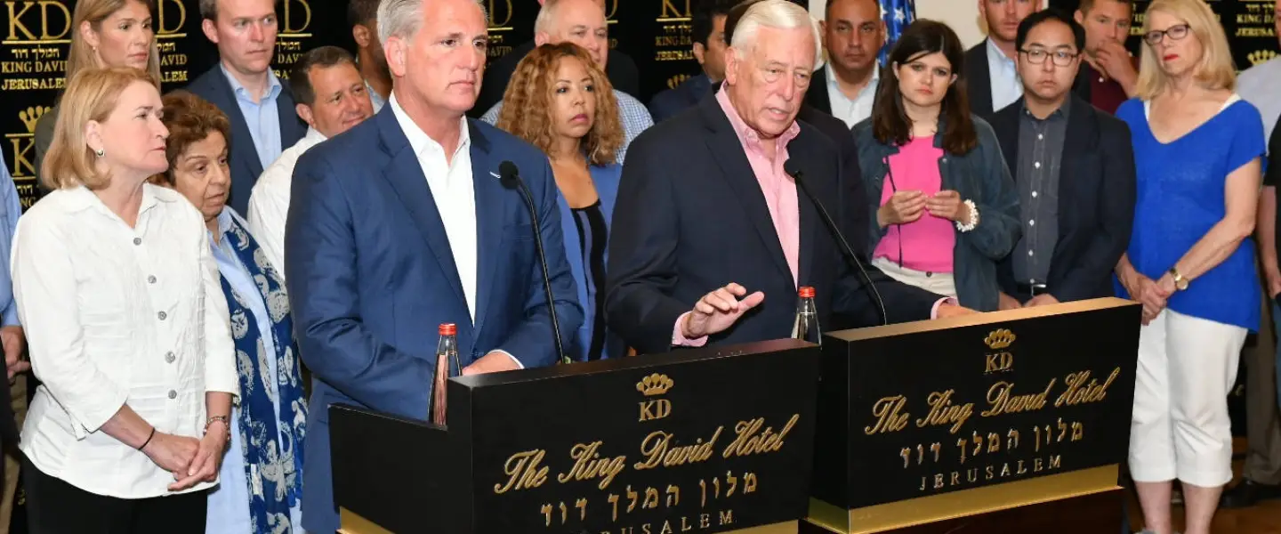 U.S. House Majority Leader Steny Hoyer and Republican Leader Kevin McCarthy with a delegation of members of the U.S. House of Representatives at the King David Hotel in Jerusalem on Aug. 11, 2019. Photo by Israel Hadari/Courtesy of AIEF.