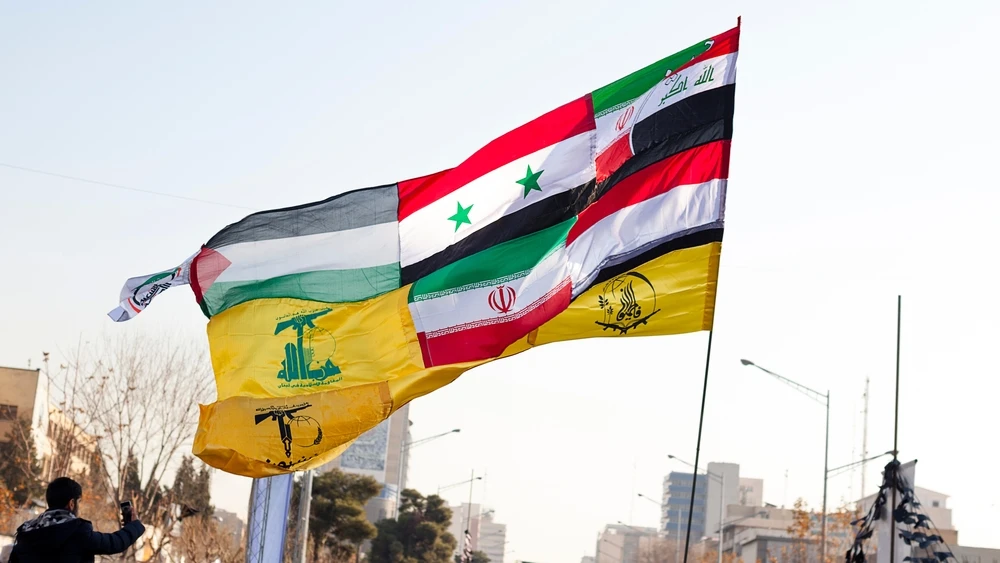 The flags of allied groups: Hamas, Hezbollah, Yemen, Iraq, Fatimids, the popular uprising and the Islamic Republic of Iran, Jan 7, 2020. Credit: Saeediex/Shutterstock.