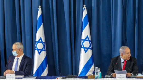 Israeli Prime Minister Benjamin Netanyahu and Defense Minister Benny Gantz at the weekly Cabinet meeting, at the Foreign Ministry in Jerusalem on June 14, 2020. Photo by Marc Israel Sellem/POOL.