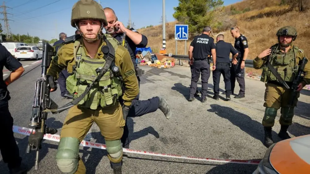 Police at the scene of a car-ramming terror attack near Maccabim on Aug. 31, 2023. Photo by Jonathan Shaul/Flash90.