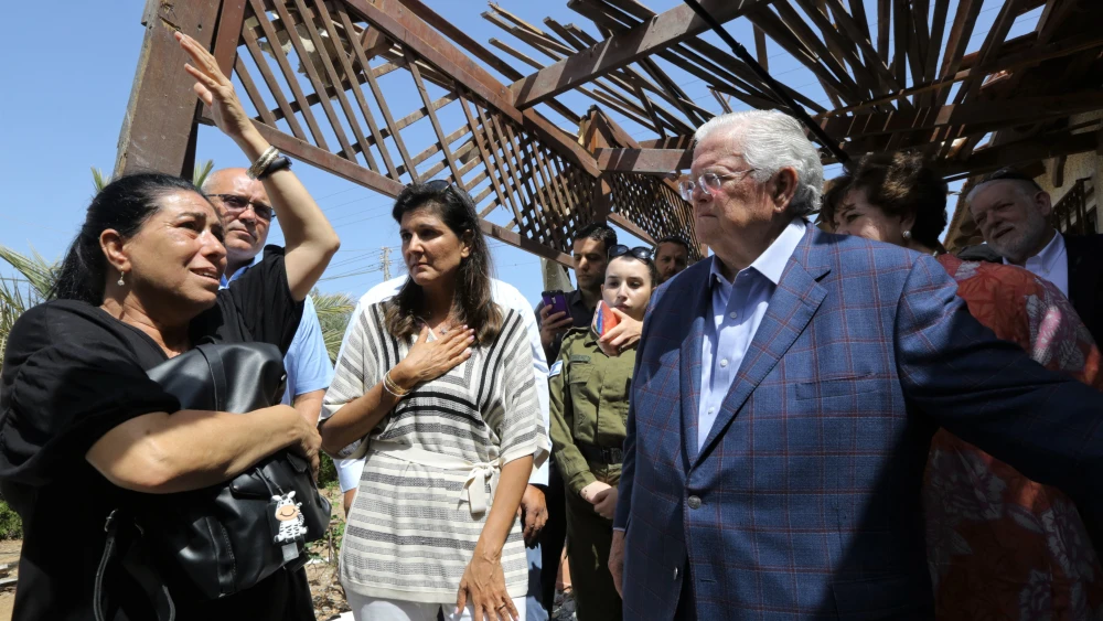 Former U.S. Ambassador to the United Nations Nikky Haley and CUFI founder and Pastor John Hagee tour damage to Israeli homes after Hamas launched thousands of rockets into Israel last month, June 2021. Credit: Oren Cohen/CUFI.