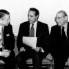 Sen. Bob Dole (center) discusses the relocation of the U.S. embassy from Tel Aviv to Jerusalem, with AIPAC's Robert Asher (left), former chairman and president of AIPAC, in 1995. On the right is the chairman of Dole's run for president, Max M. Fisher. Credit: Dole Institute of Politics.