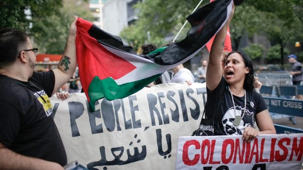 The Palestinian Authority flag is featured at a Jewish Voice for Peace (JVP) protest in New York City last September. Credit: JVP via Facebook.