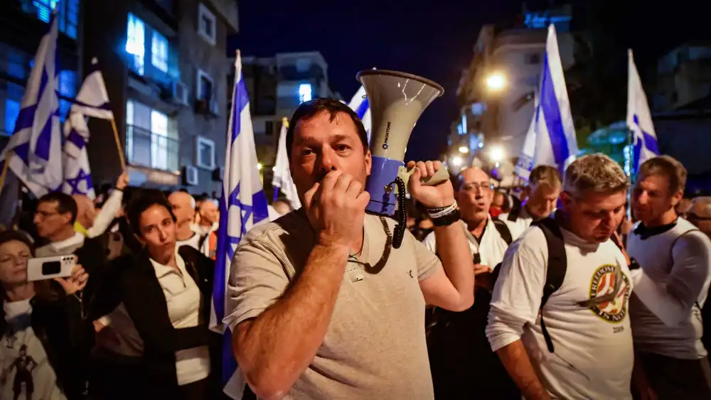 Members of the Brothers in Arms movement march in the ultra-Orthodox city of Bnei Brak, calling for equal military service, March 7, 2024. Photo by Avshalom Sassoni/Flash90.