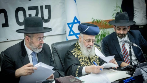 Israel's Chief Rabbis David Lau (left) and Yitzhak Yosef (center) sell the state's chametz in Jerusalem ahead of Passover, April 21, 2024. They left their posts on June 30. Photo by Chaim Goldberg/Flash90.