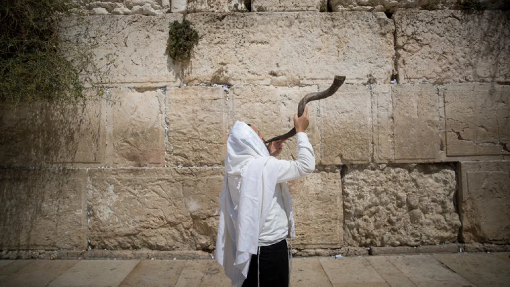 A Jewish man blows a shofar at the Western Wall in Jerusalem’s Old City. Credit: Yonatan Sindel/Flash90.