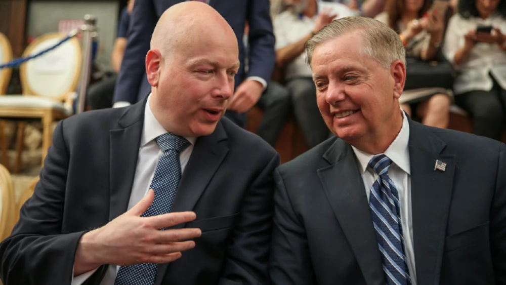 U.S. Middle East envoy Jason Greenblatt (left) speaks with U.S. Senator Lindsey Graham (R-S.C.) at the opening of an ancient road at the City of David archaeological site in eastern Jerusalem, June 30, 2019. Photo by Flash90.