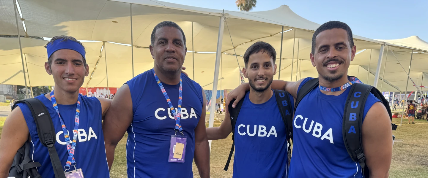 Alexis Chavez (second from left) lives in Hadera and plays 3-on-3 basketball for his native Cuba. July 6, 2026. Photo by Howard Blas.