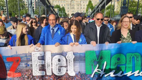 Sixty Holocaust survivors lead more than 5,000 participants through the streets of Budapest in a solemn and powerful March of the Living, May 11, 2025. Credit: March of the Living.
