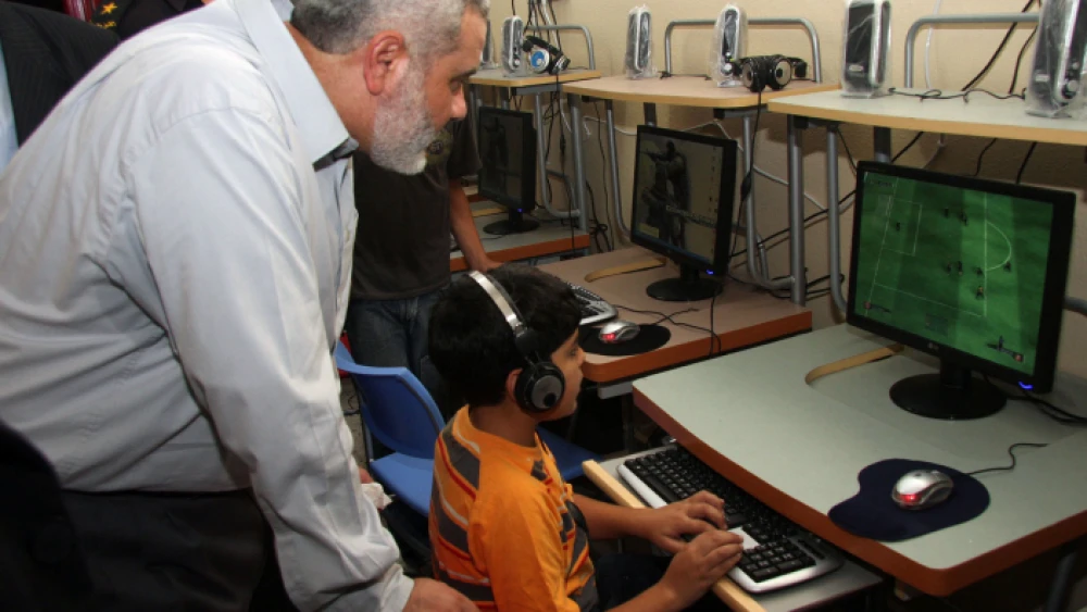 Ismail Haniyeh, who heads the Hamas government in Gaza, visits a computer center for children in Gaza City on Oct. 13, 2008. Photo by Abed Rahim Khatib/Flash 90.