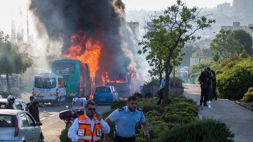 The scene of the bus bombing on Moshe Baram Street in Jerusalem on April 18, 2016. Credit: Nati Shohat/Flash90.