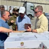 Reps. Josh Gottheimer (D-N.J.), Rick Crawford (R-Ark.) and Ronny Jackson (R-Texas) visit the Kerem Shalom humanitarian aid staging site on the border with Gaza, 6 August, 2025. Photo: Courtesy.