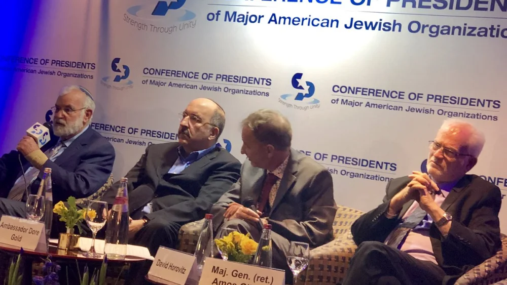From left: Maj. Gen. (res.) Yaakov Amidror, Dore Gold, David Horovitz and Maj. Gen. (ret.) Amos Gilead at a panel discussion regional issues at the Conference of Presidents of Major Jewish Organizations summit in Jerusalem on Feb. 18, 2019. Source: Twitter.