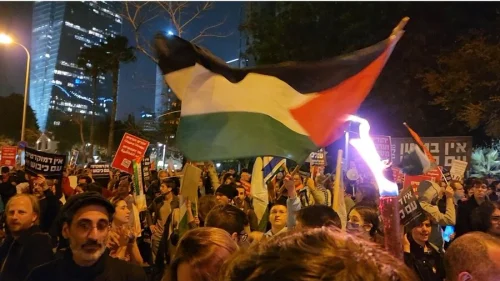 Anti-government protesters in Tel Aviv waving Palestinian flags. Jan. 28, 2023. Source: Twitter/Moti Kastel.